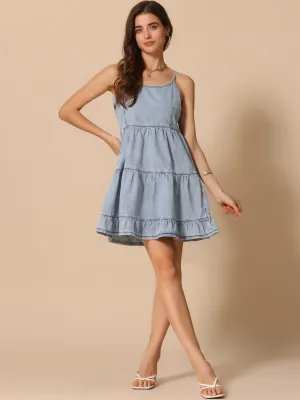 Denim Spaghetti Strap Tiered A-Line Sleeveless Jean Dress