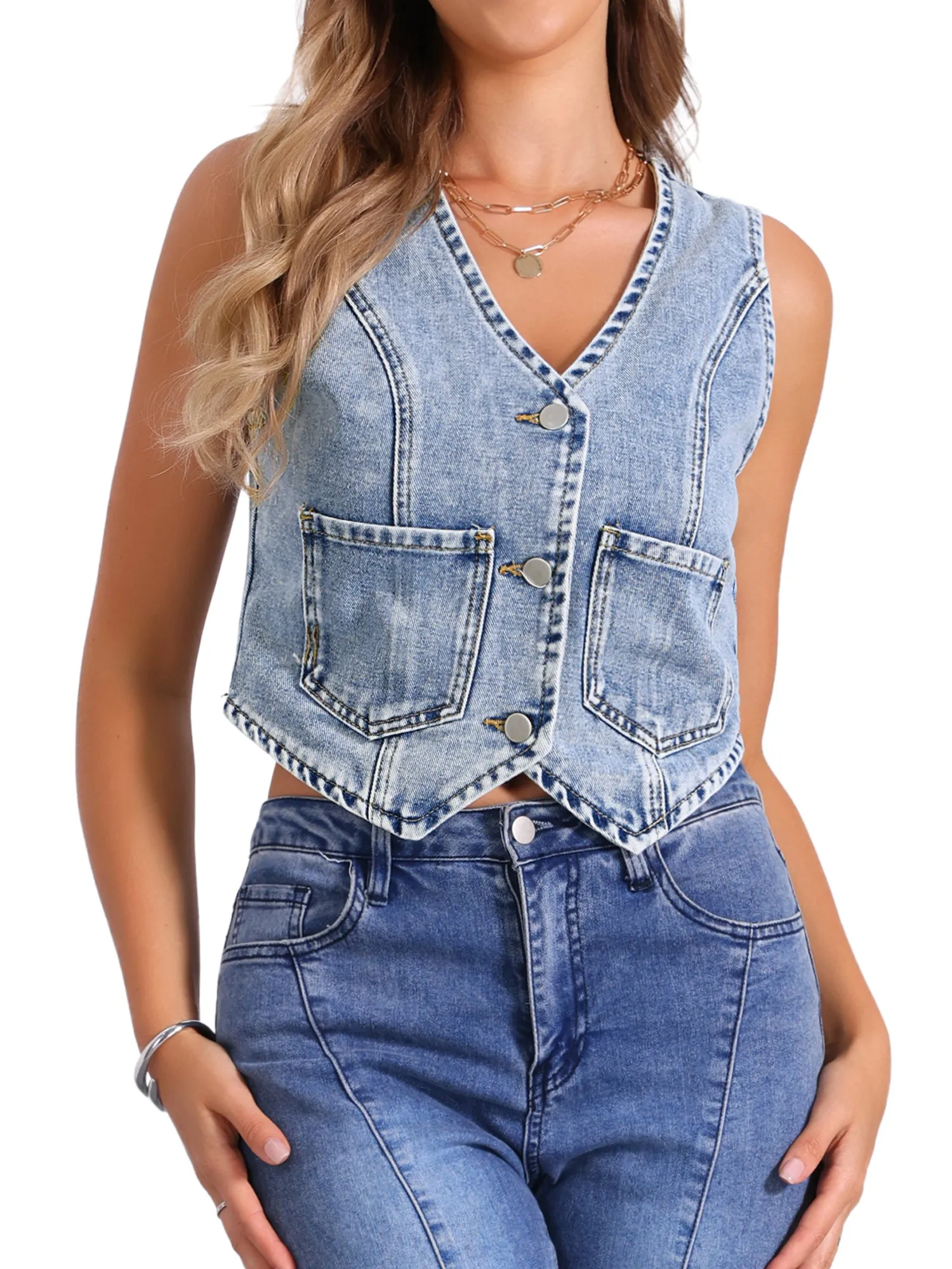 Denim V Neck Button Down Jean Waistcoat Vest