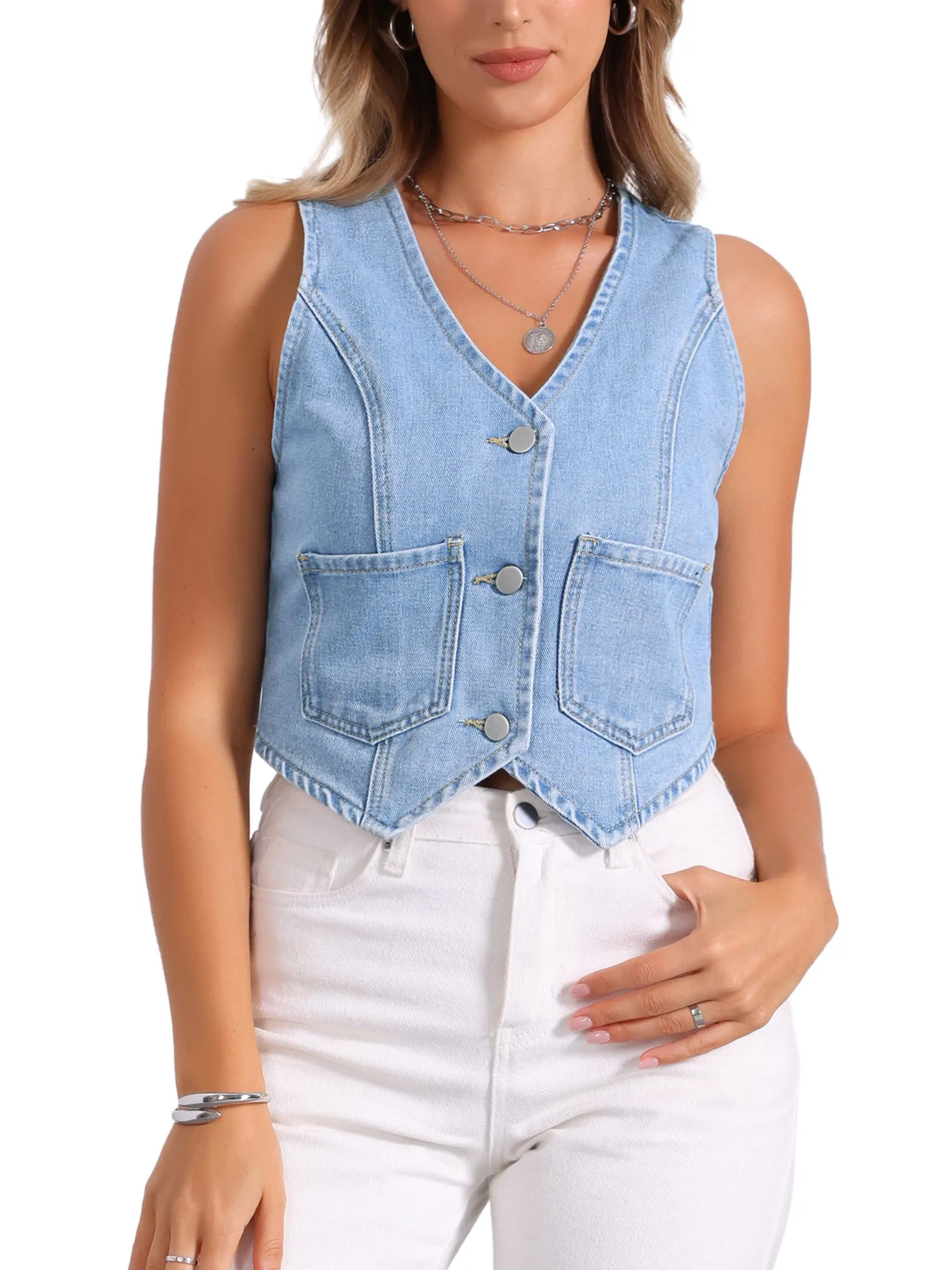 Denim V Neck Button Down Jean Waistcoat Vest