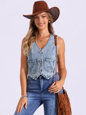 Denim V Neck Button Down Jean Waistcoat Vest