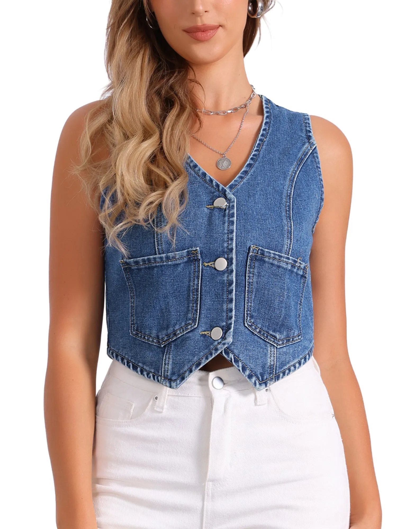 Denim V Neck Button Down Jean Waistcoat Vest