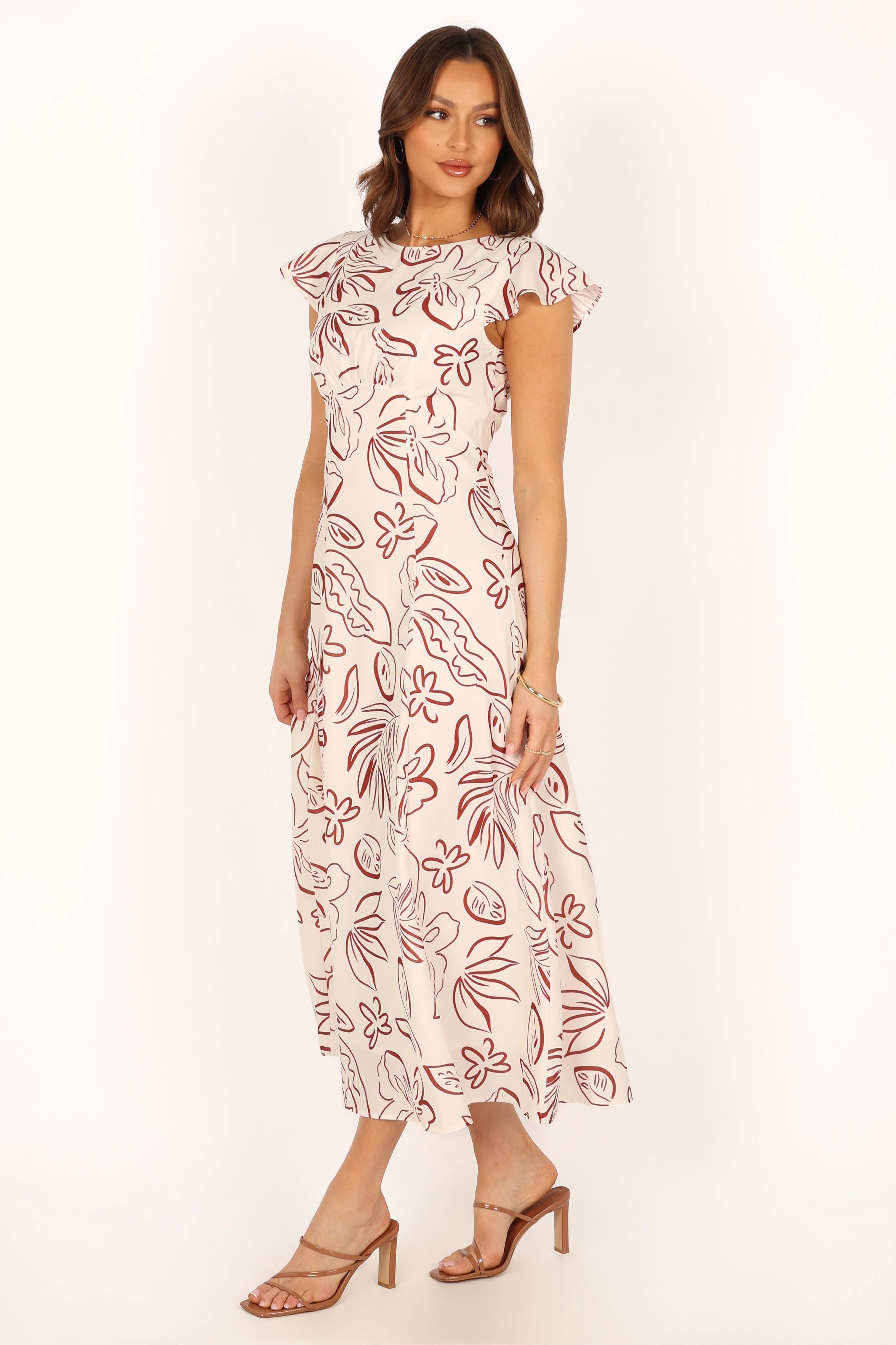 Gene Midi Dress - White Brown Floral