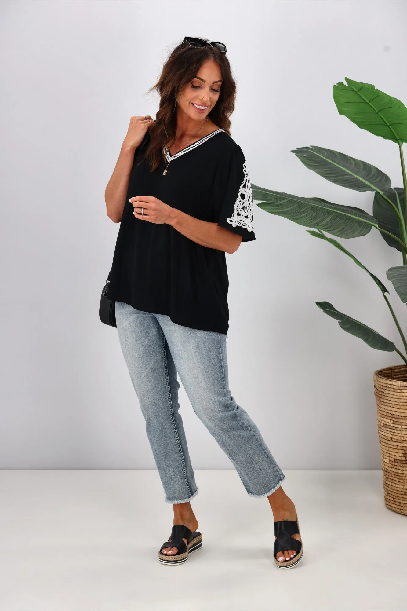 Gloss by Shine On Apollo Lace Detail Top Black