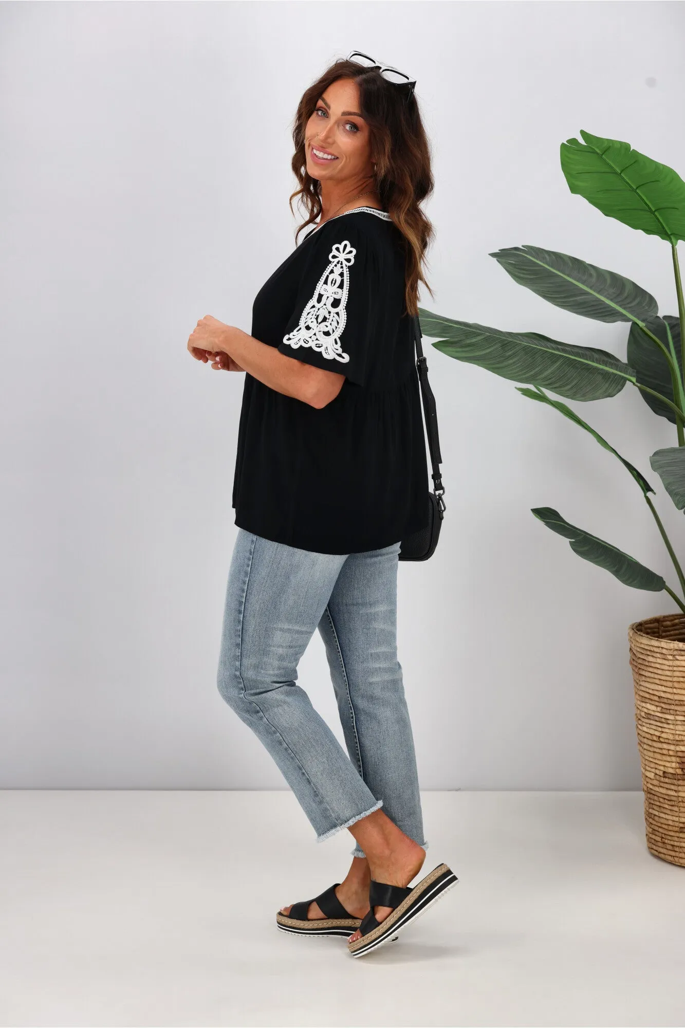 Gloss by Shine On Apollo Lace Detail Top Black