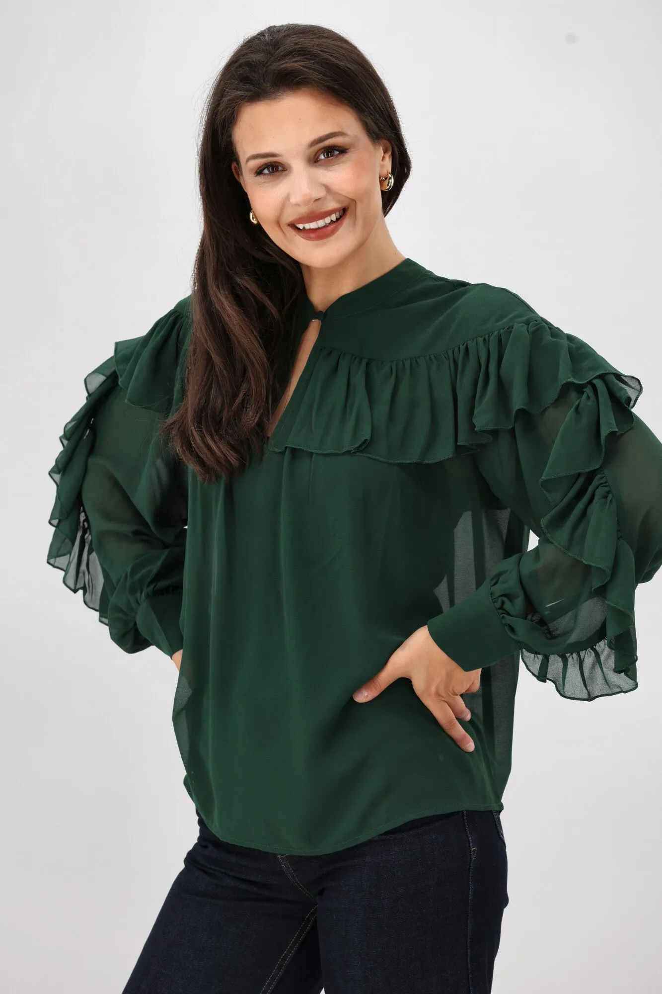 Gloss the Label Belle Chiffon Ruffle Top Green