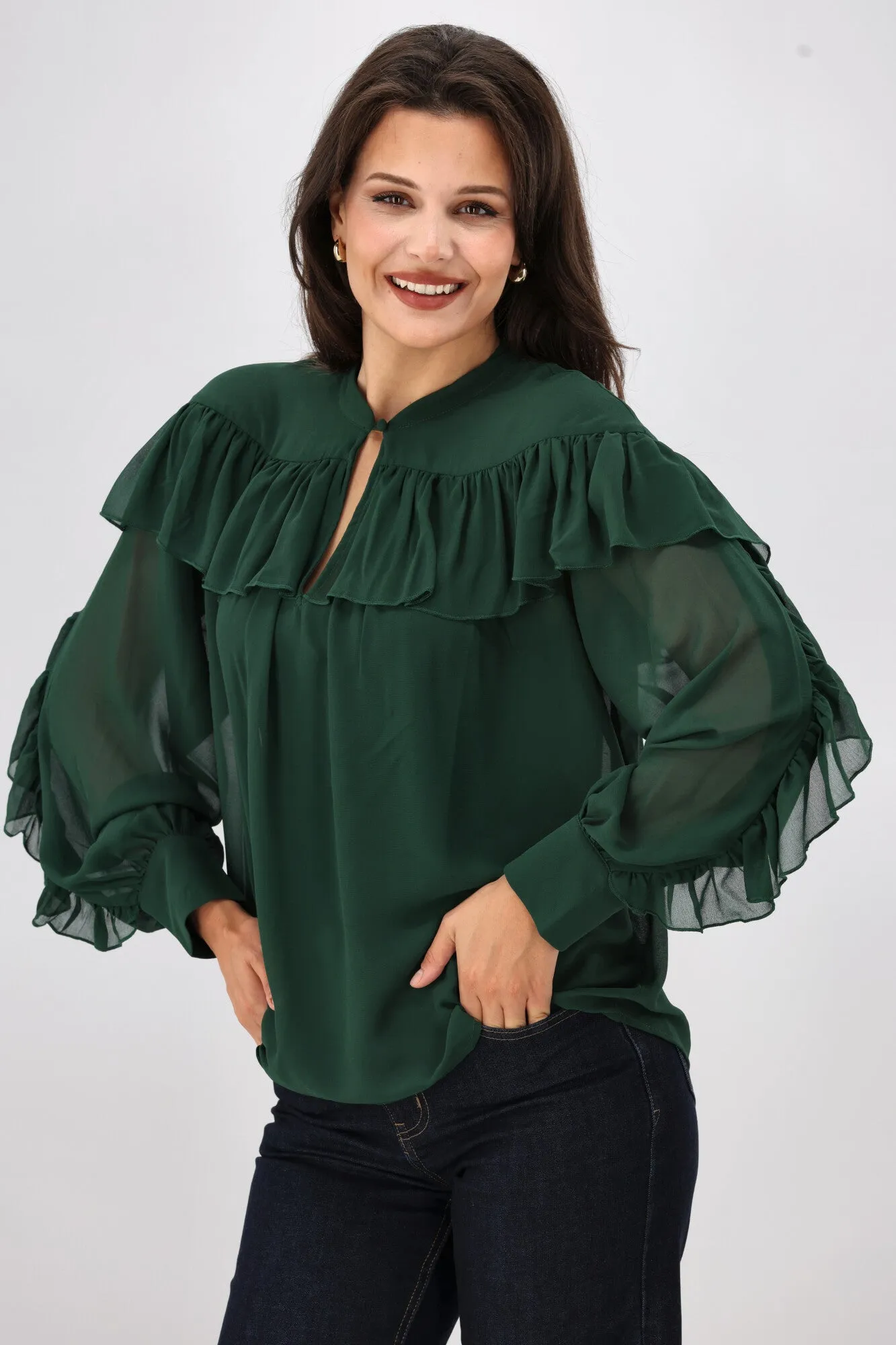 Gloss the Label Belle Chiffon Ruffle Top Green