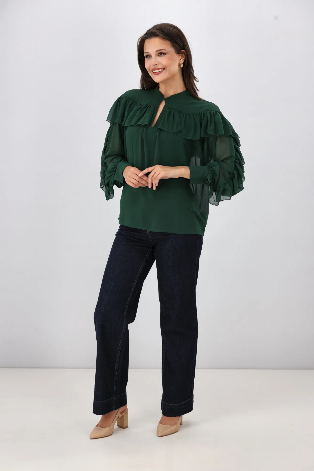 Gloss the Label Belle Chiffon Ruffle Top Green