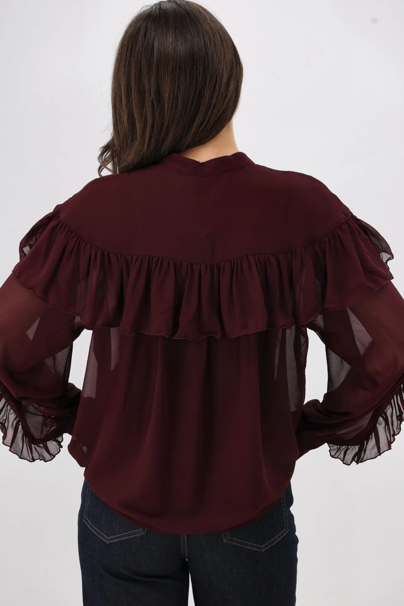 Gloss the Label Belle Chiffon Ruffle Top Merlot
