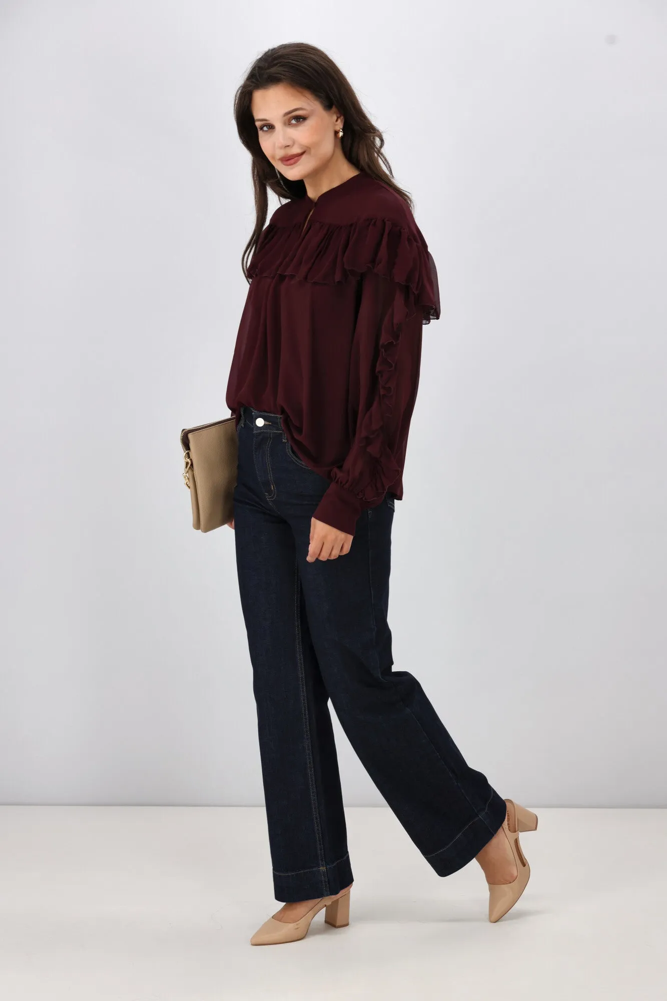 Gloss the Label Belle Chiffon Ruffle Top Merlot