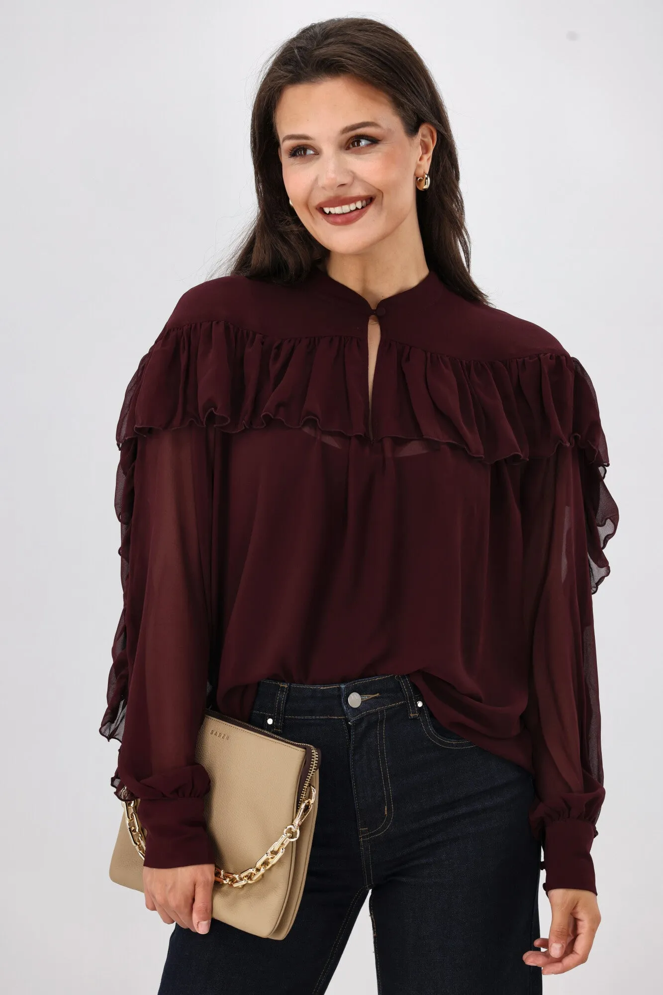 Gloss the Label Belle Chiffon Ruffle Top Merlot