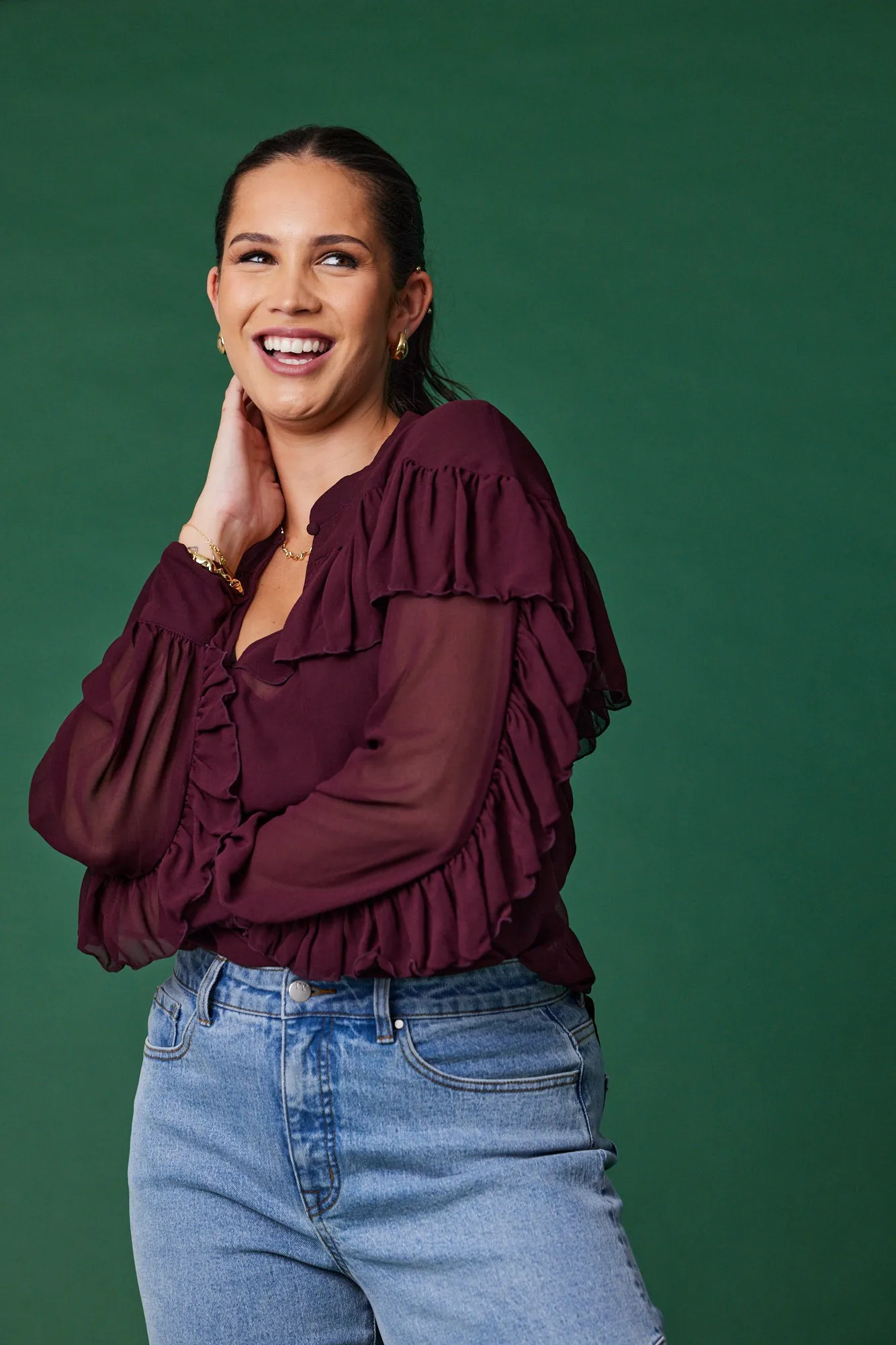 Gloss the Label Belle Chiffon Ruffle Top Merlot