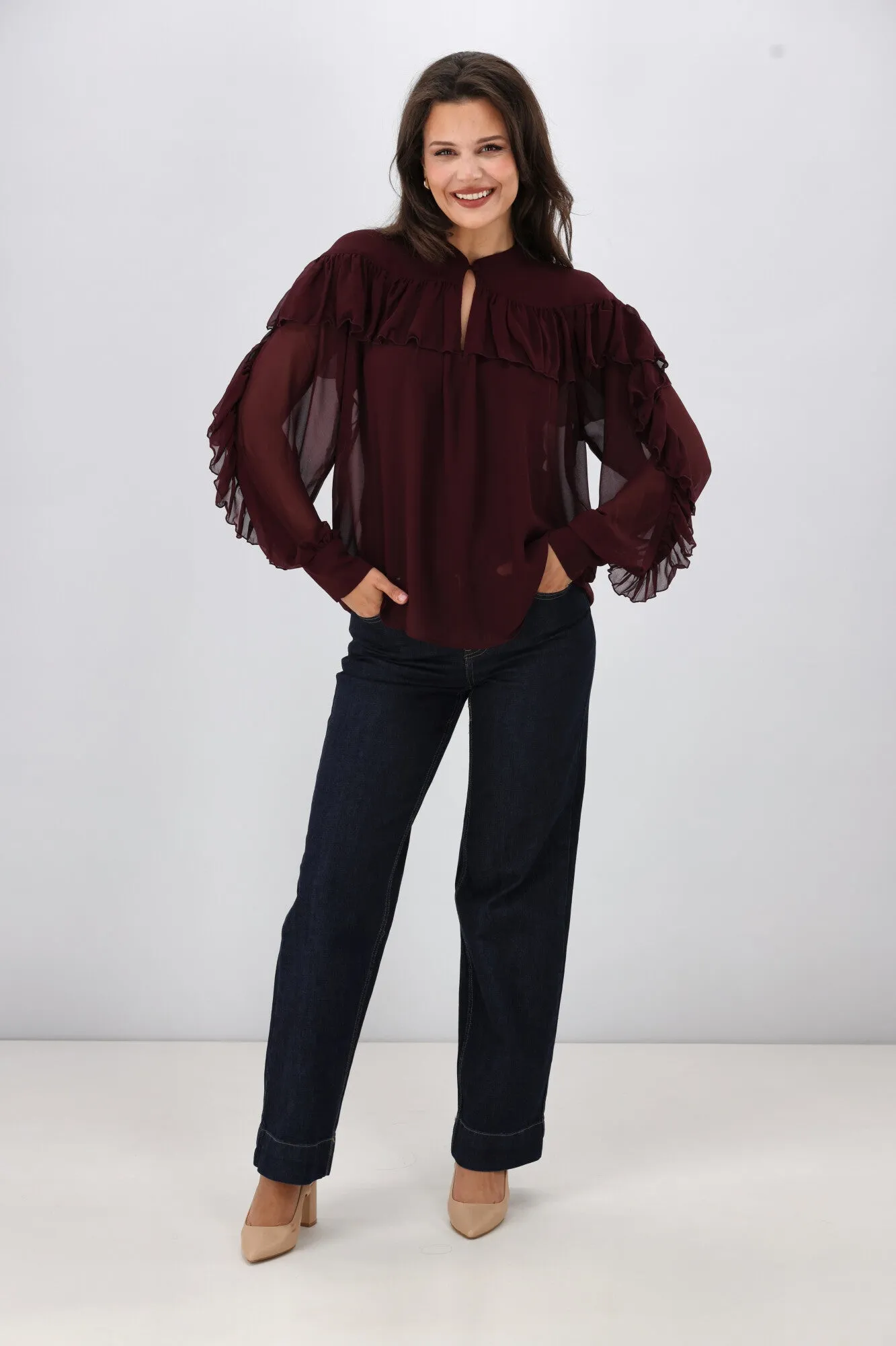 Gloss the Label Belle Chiffon Ruffle Top Merlot