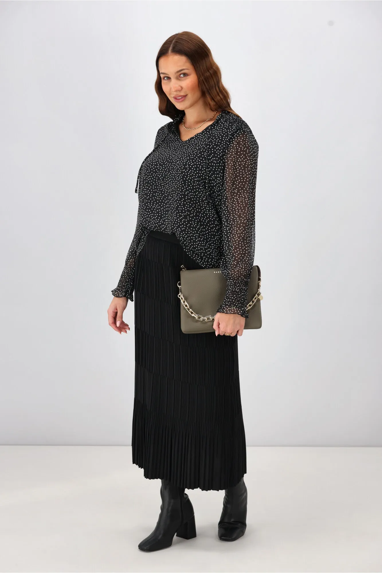Gloss The Label Rosalia Shirred Bodice Top Black Spot