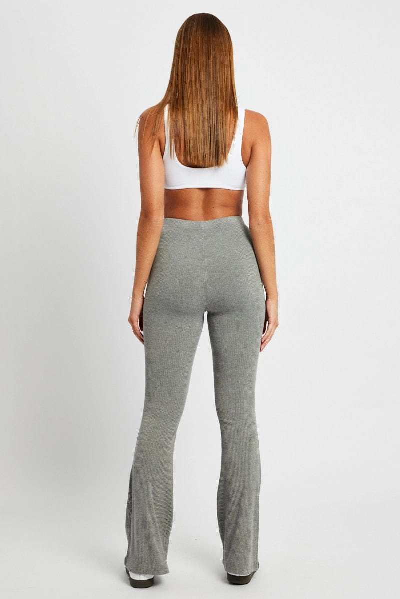 Grey Flare Leg Pants Rib