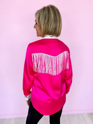 HEY FANCY FRINGE PEARL SNAP TOP - PINK