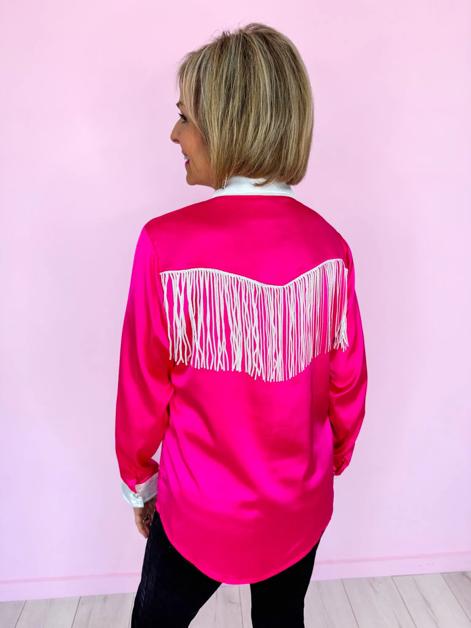 HEY FANCY FRINGE PEARL SNAP TOP - PINK