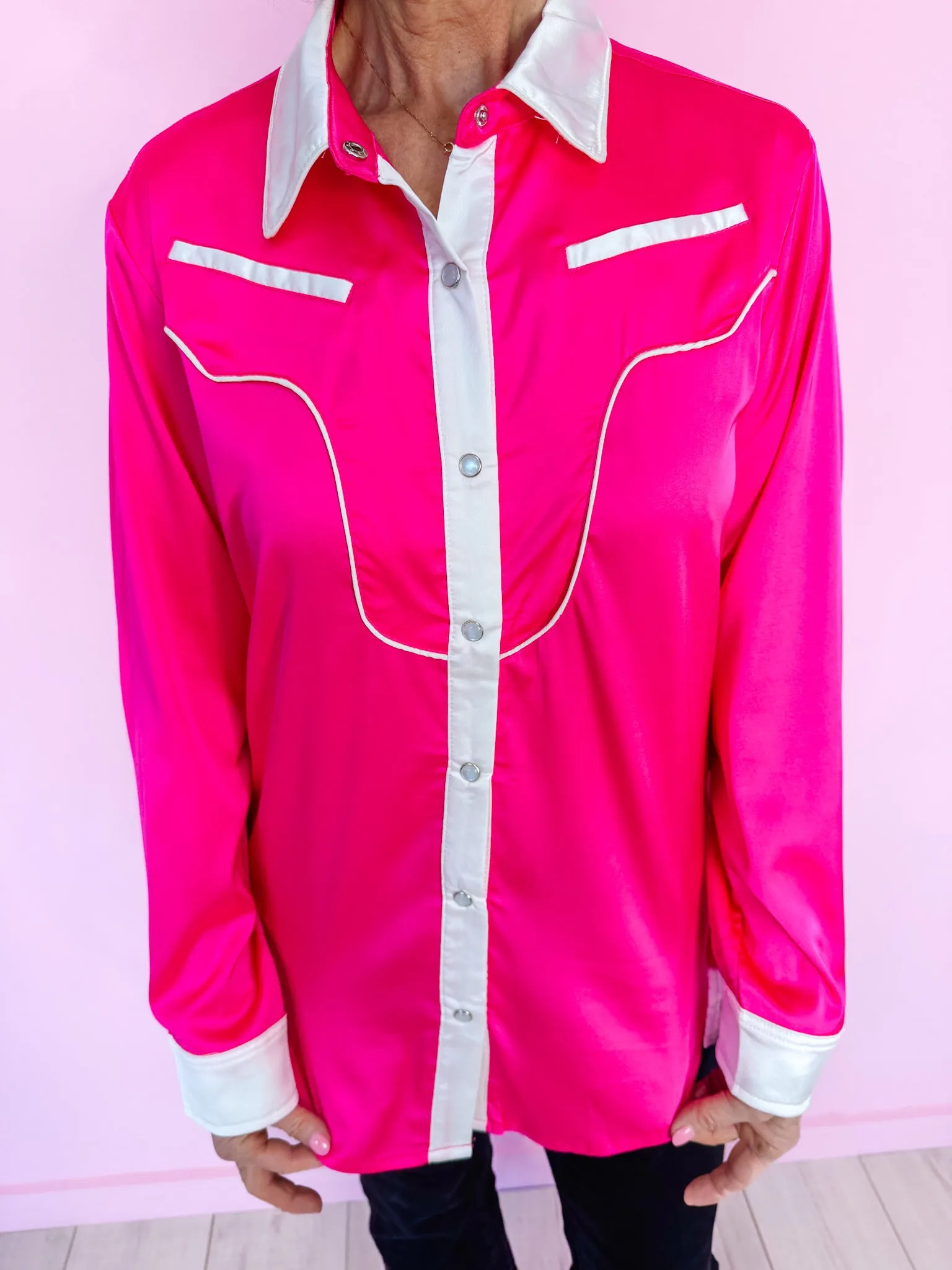 HEY FANCY FRINGE PEARL SNAP TOP - PINK