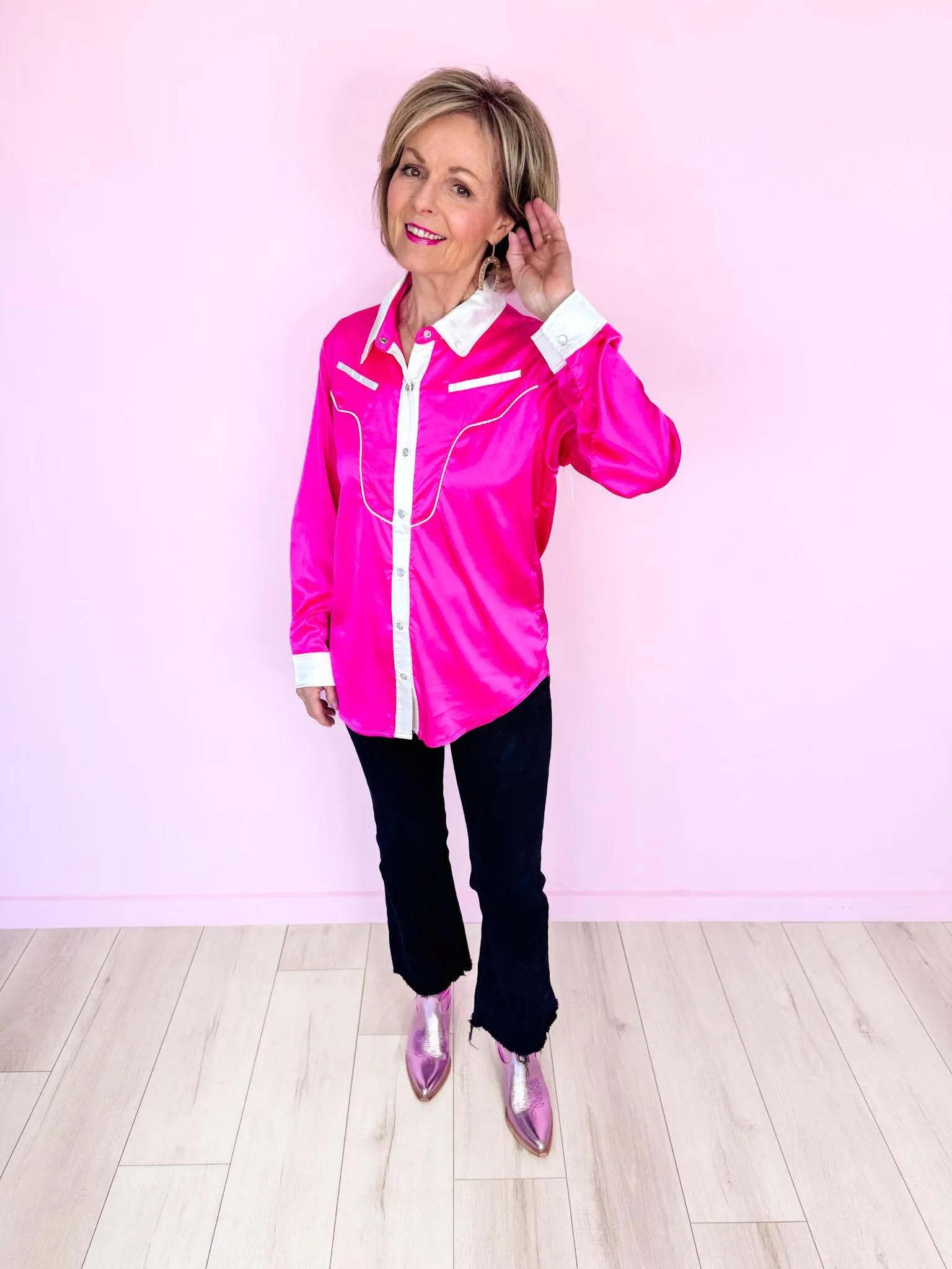 HEY FANCY FRINGE PEARL SNAP TOP - PINK