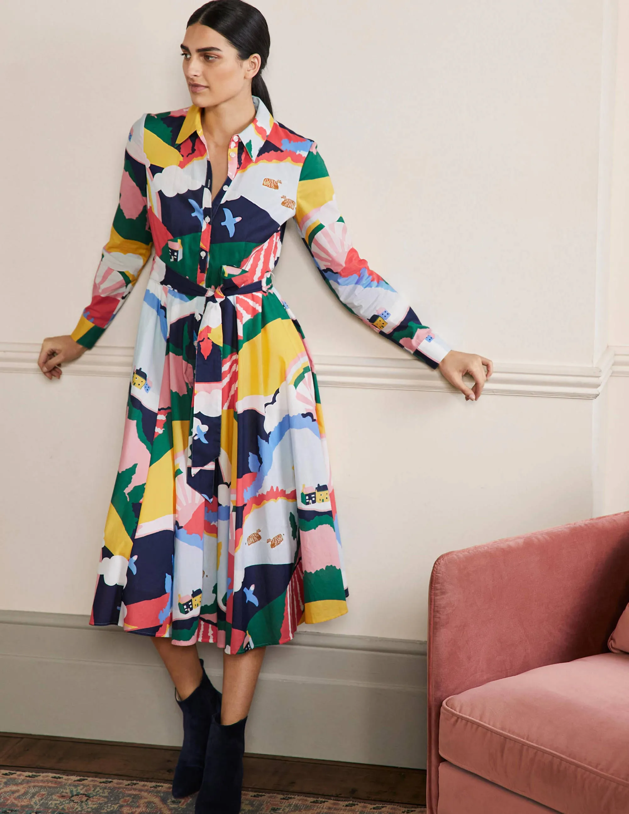Kitty Midi Shirt Dress-French Navy, Scenic Meadow