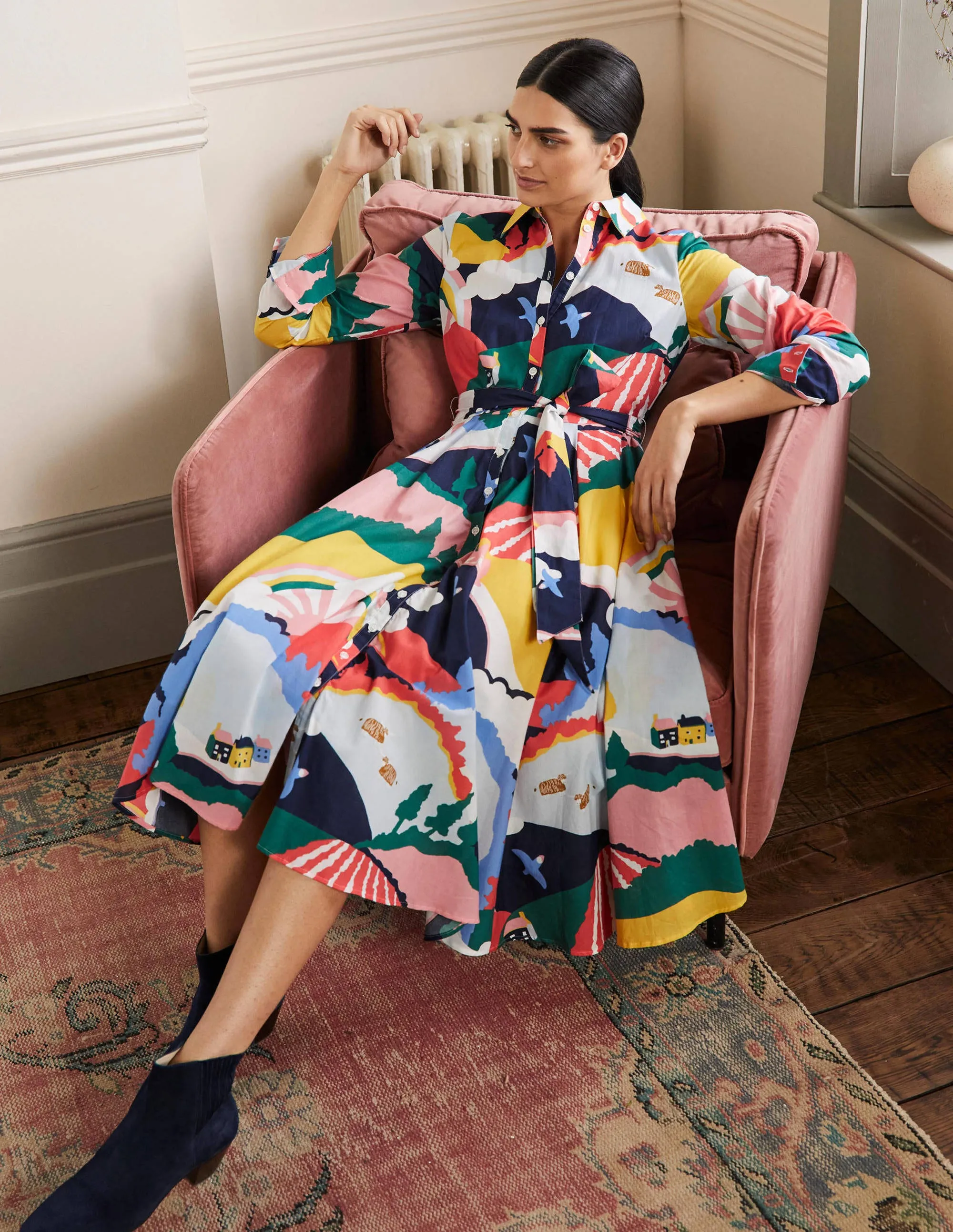 Kitty Midi Shirt Dress-French Navy, Scenic Meadow
