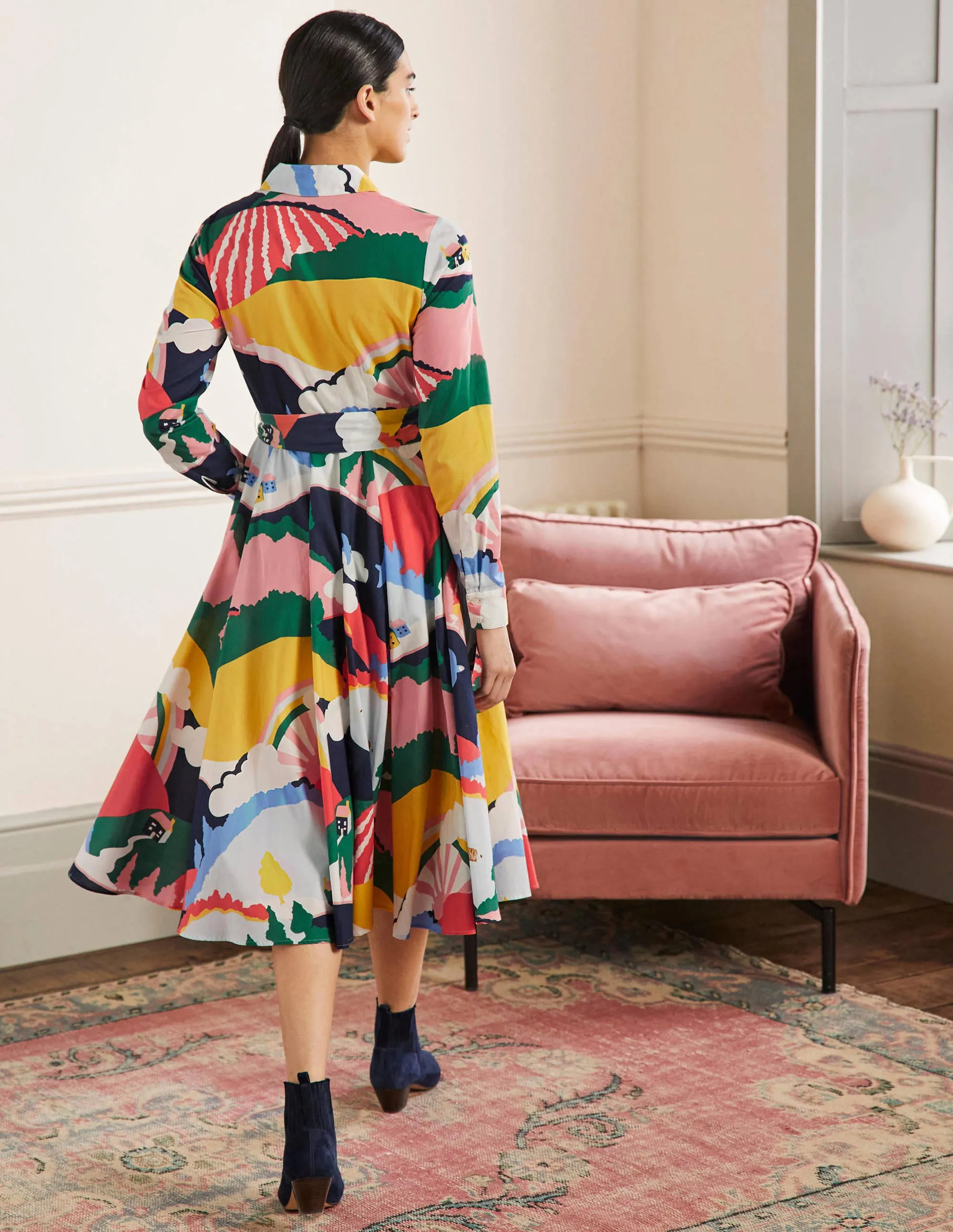 Kitty Midi Shirt Dress-French Navy, Scenic Meadow