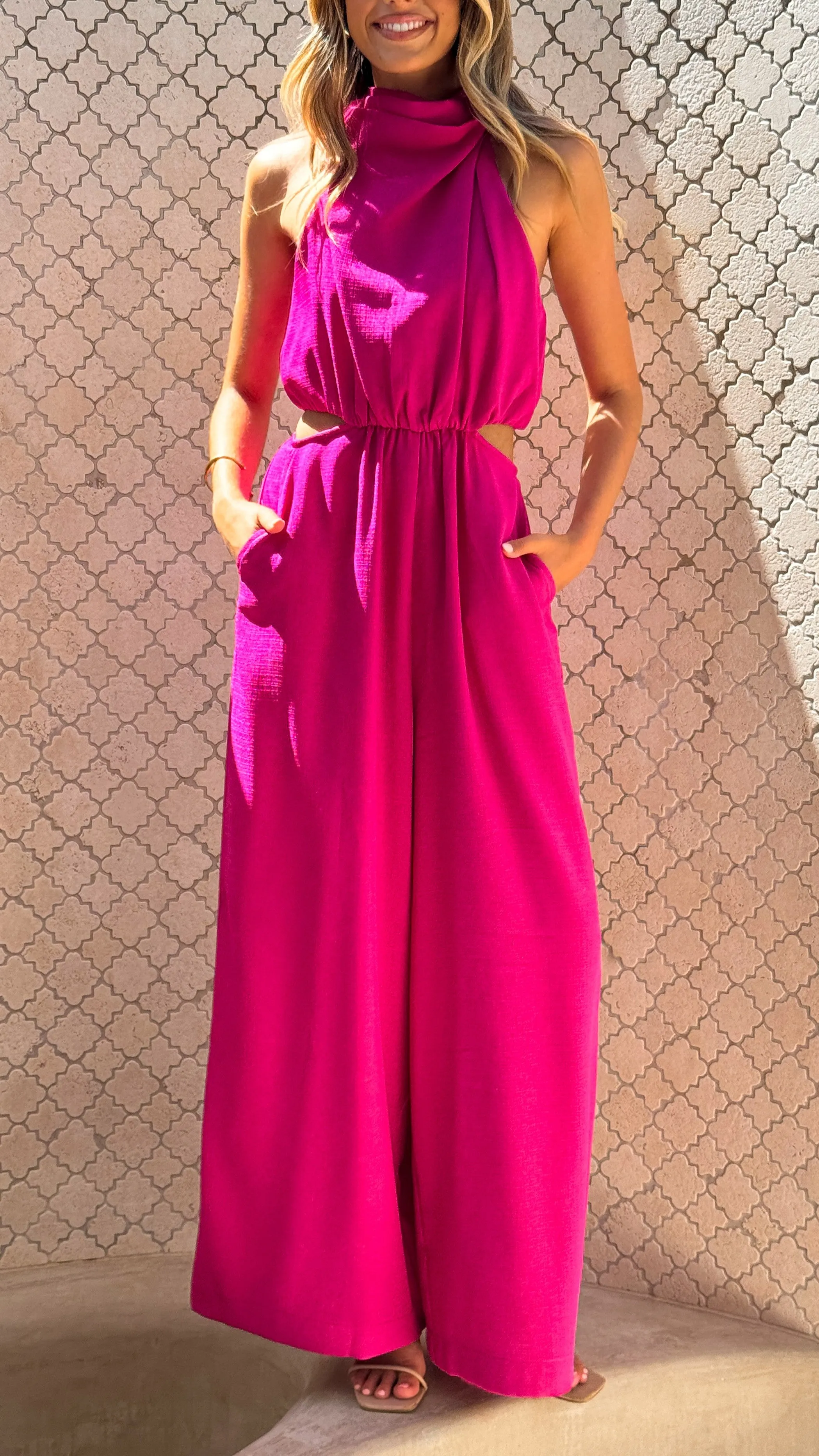Lara Halter Neck Wide Leg Jumpsuit - Pink