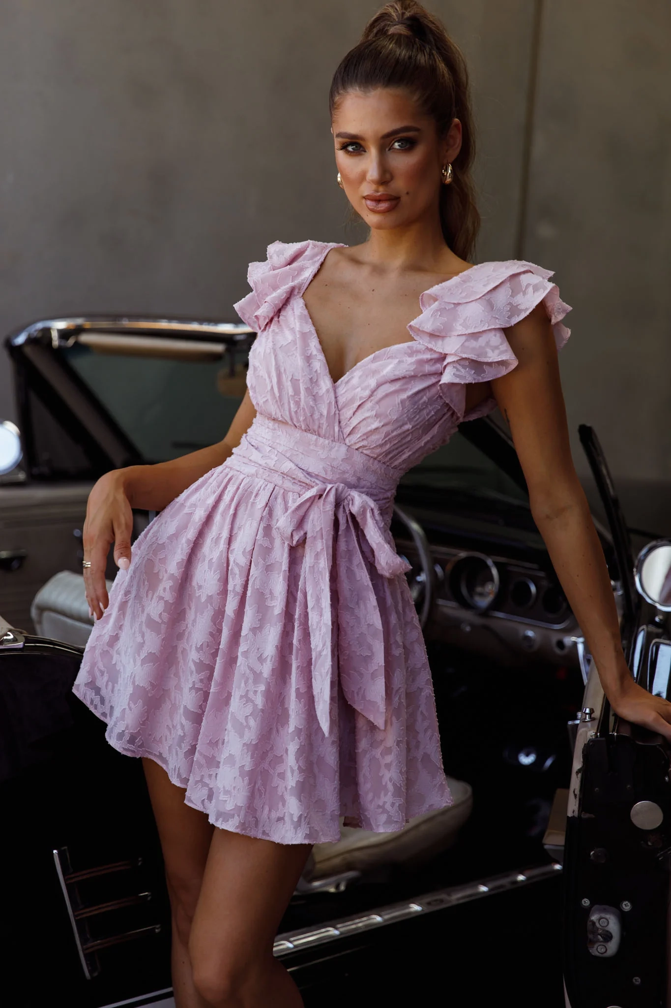 Lola Ruffle Shoulder Ruched Dress Textured Blush