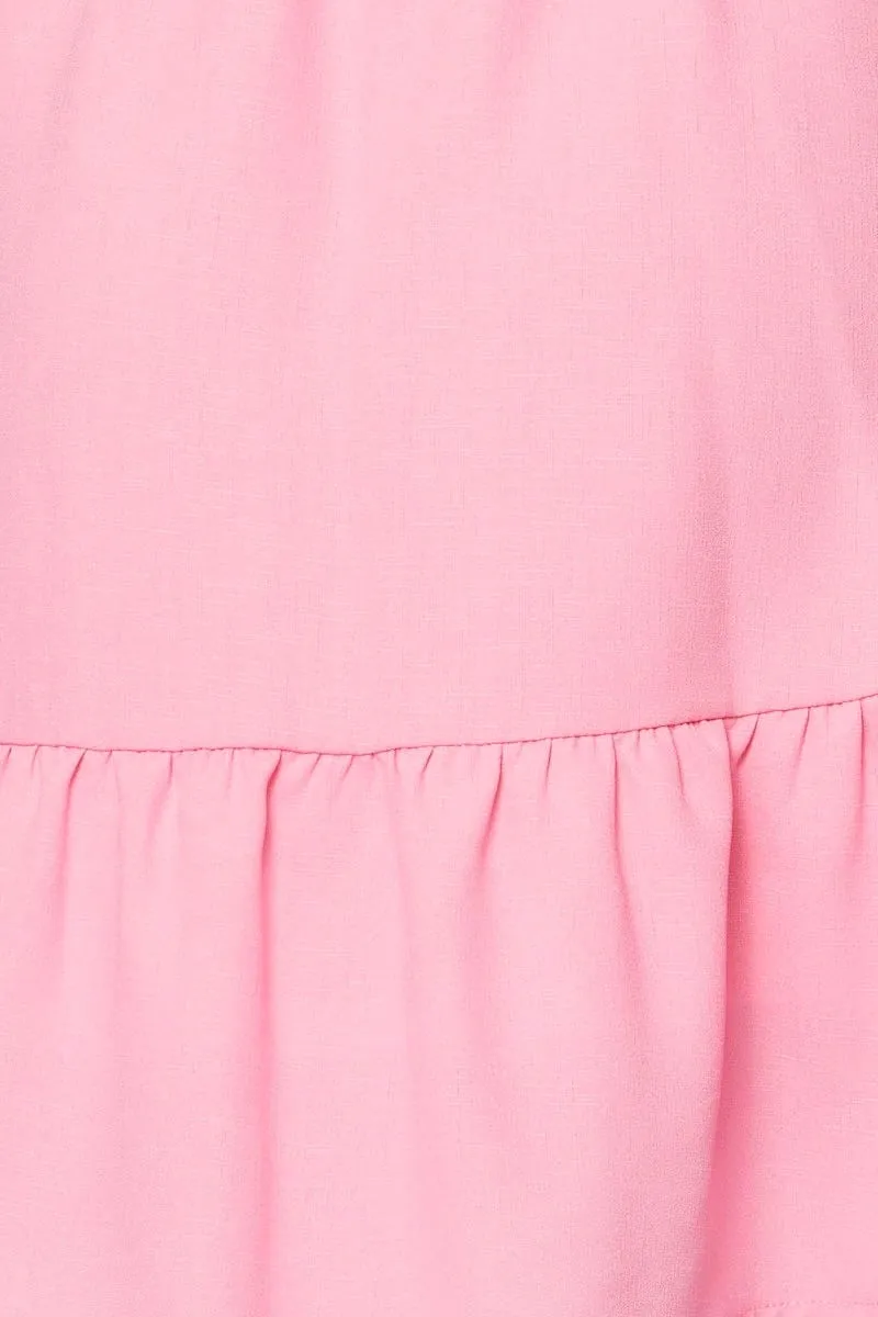 Pink Fit And Flare Dress Short Sleeve V Neck