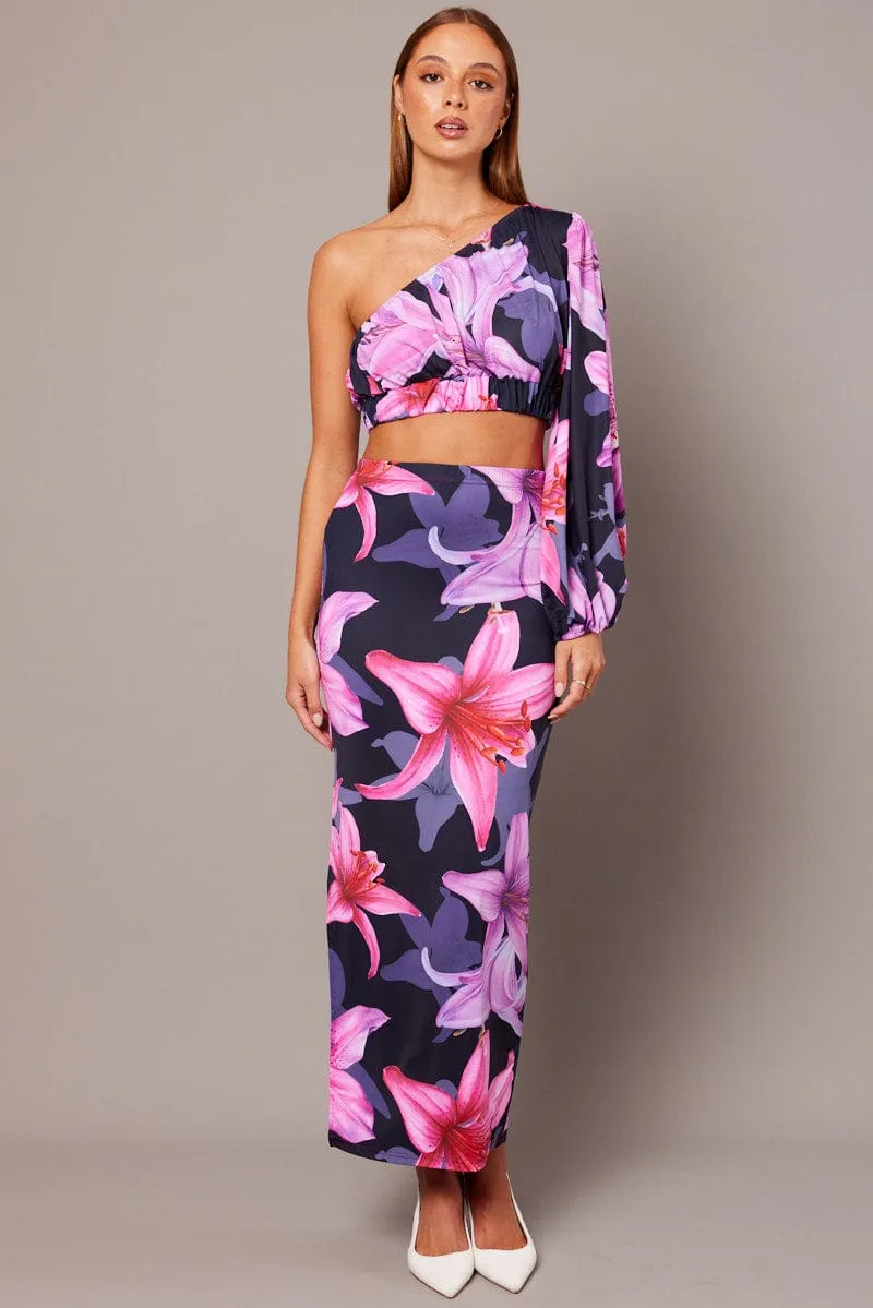 Pink Floral Maxi Skirt Tube Side Split Skirt