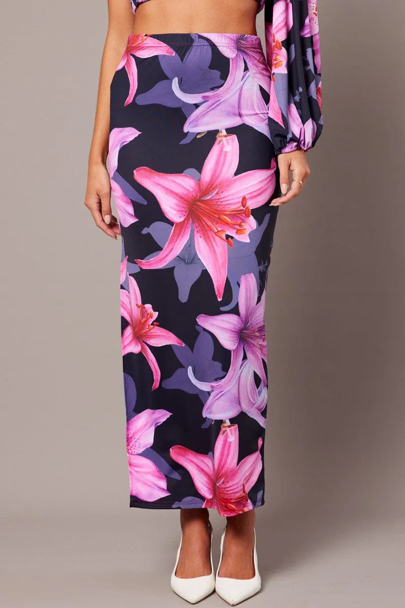 Pink Floral Maxi Skirt Tube Side Split Skirt