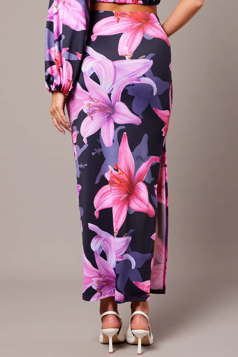 Pink Floral Maxi Skirt Tube Side Split Skirt