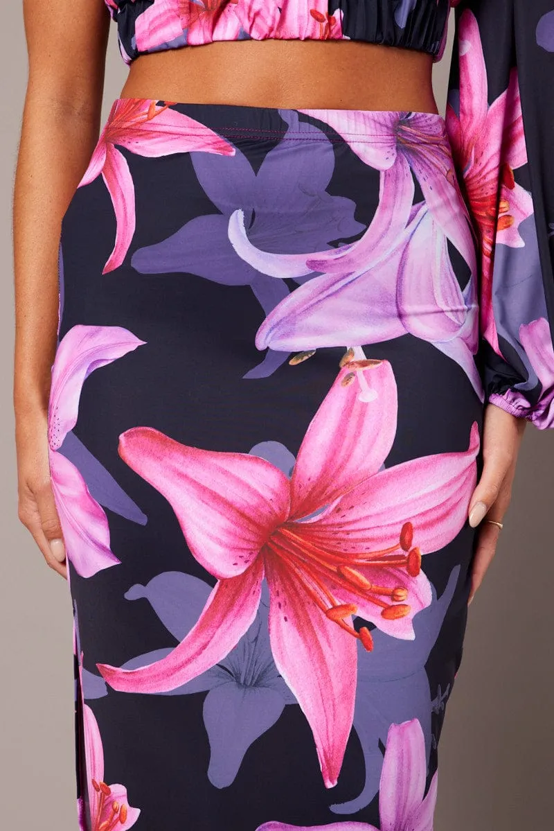 Pink Floral Maxi Skirt Tube Side Split Skirt