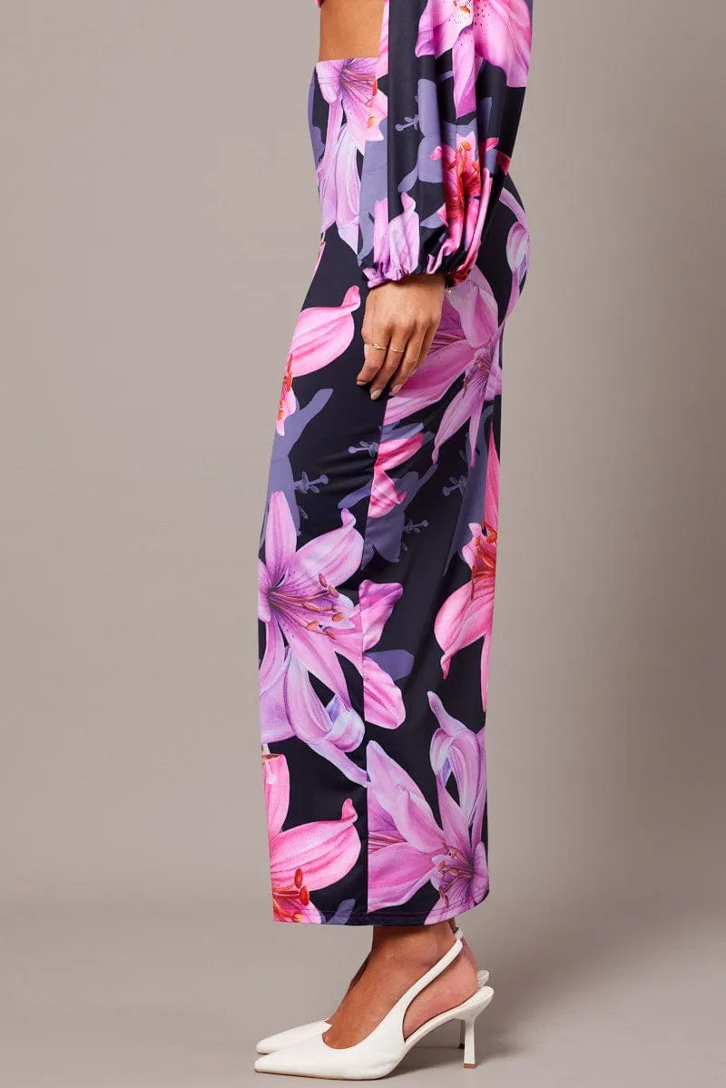 Pink Floral Maxi Skirt Tube Side Split Skirt