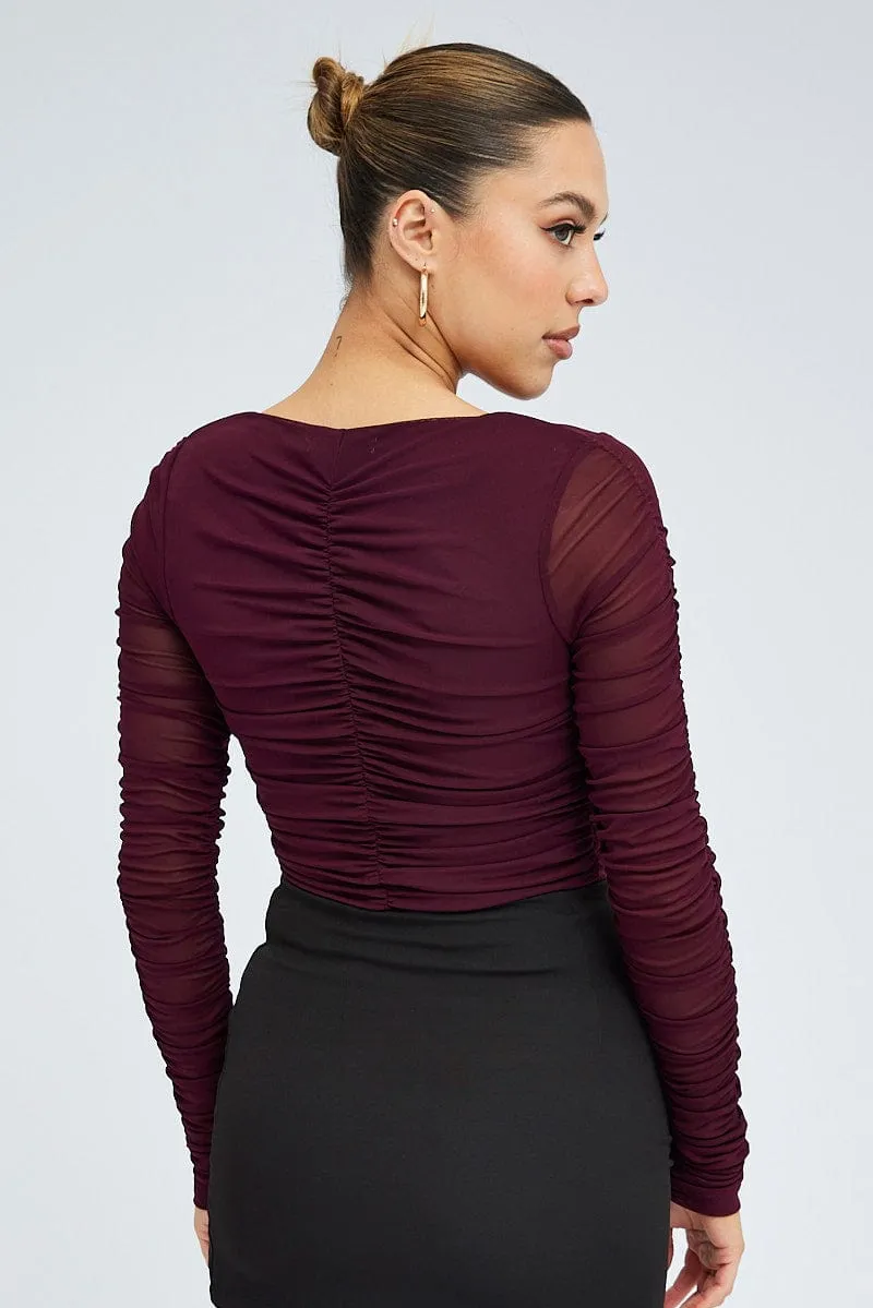 Purple Mesh Top Long Sleeve Ruched Hook And Eye