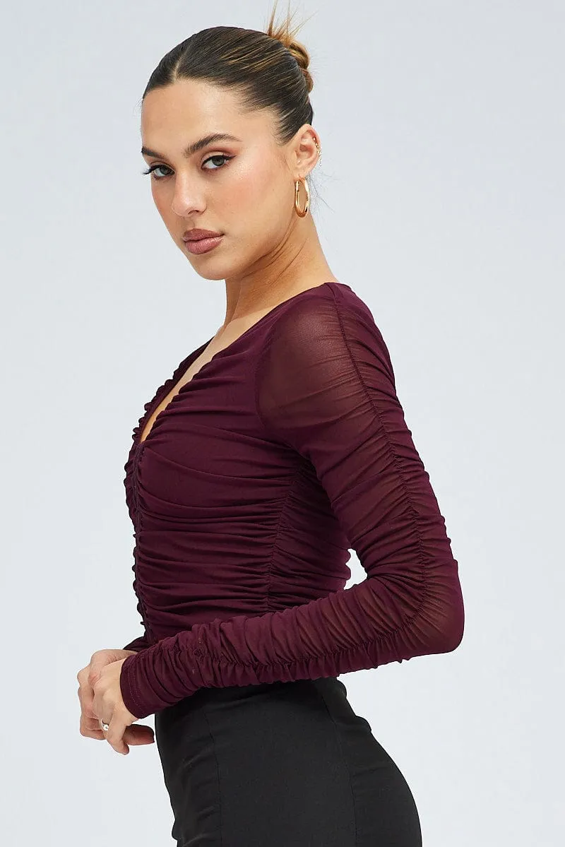Purple Mesh Top Long Sleeve Ruched Hook And Eye