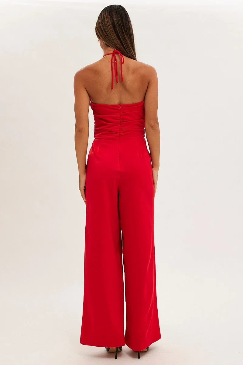 Red Keyhole Jumpsuit Slinky Wide Leg