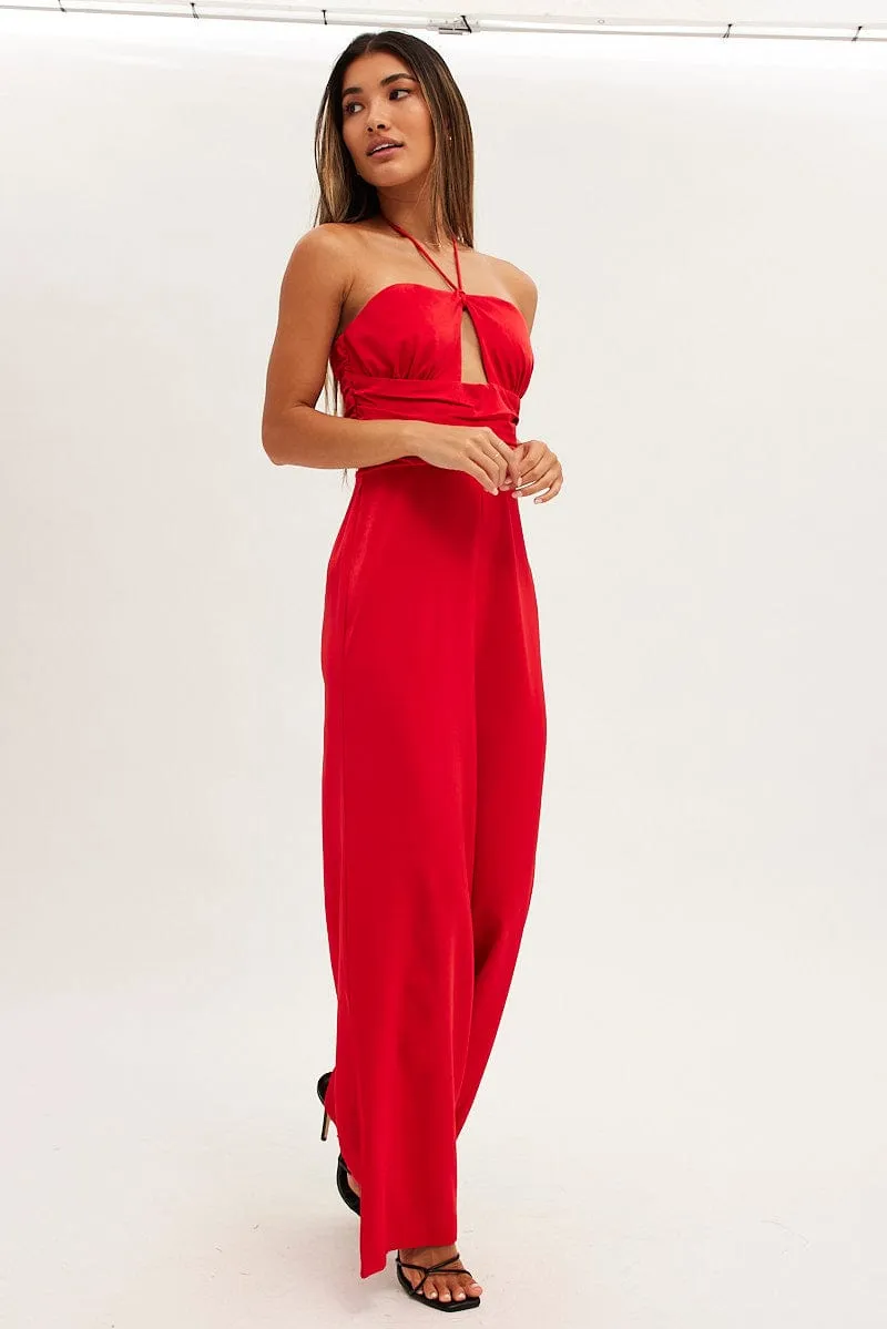 Red Keyhole Jumpsuit Slinky Wide Leg