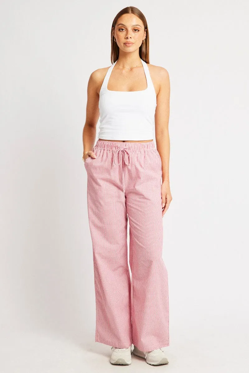 Red Stripe Wide Leg Pants High Rise