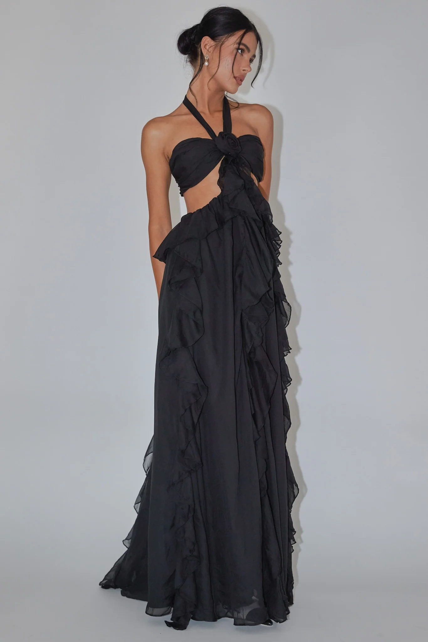 Santiago Cut-Out Ruffle Maxi Dress Black