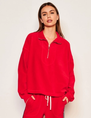 Sundry Crop Half Zip Popover Sweatshirt & Relaxed Wide Leg Pant Set in Flare Red
