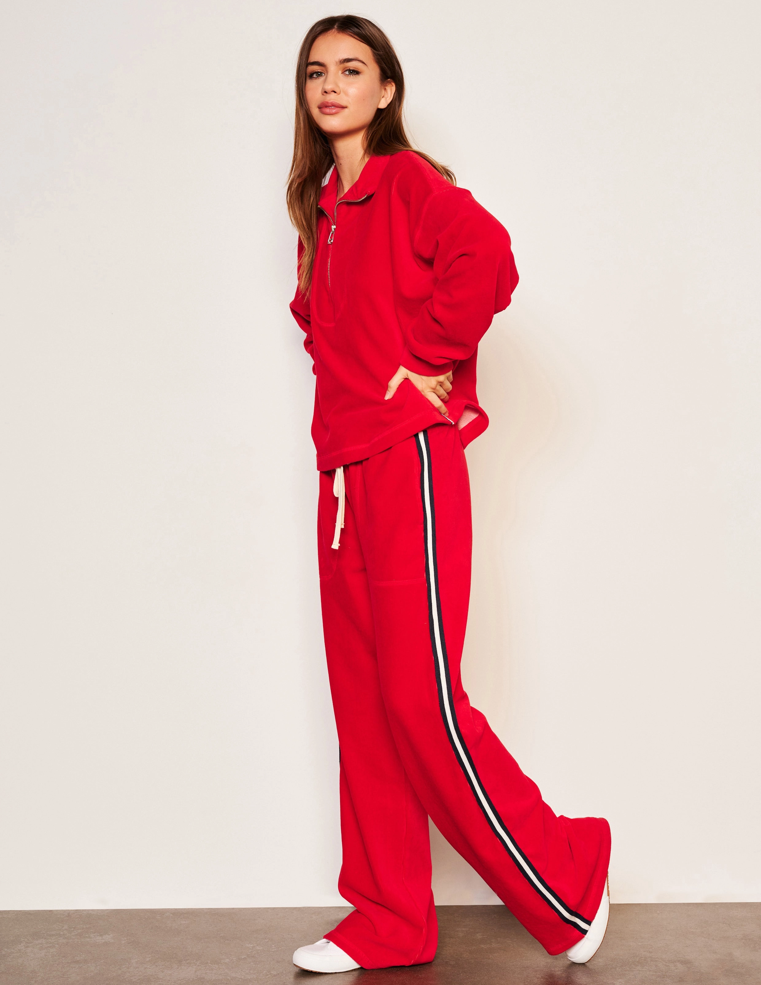 Sundry Crop Half Zip Popover Sweatshirt & Relaxed Wide Leg Pant Set in Flare Red