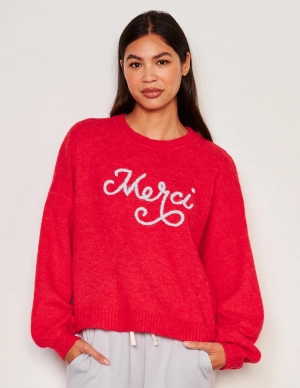 Sundry Merci Crew Neck Sweater & Snap Lounge Pant Set in Flare Red