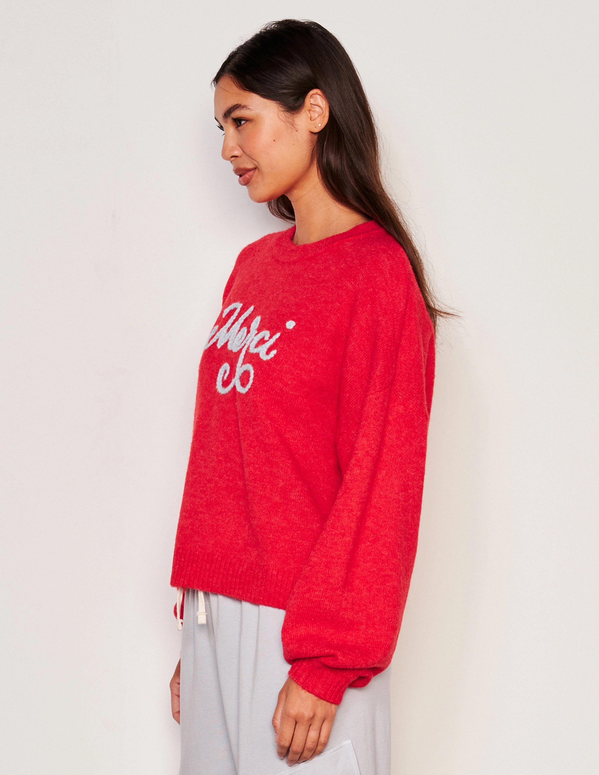 Sundry Merci Crew Neck Sweater & Snap Lounge Pant Set in Flare Red