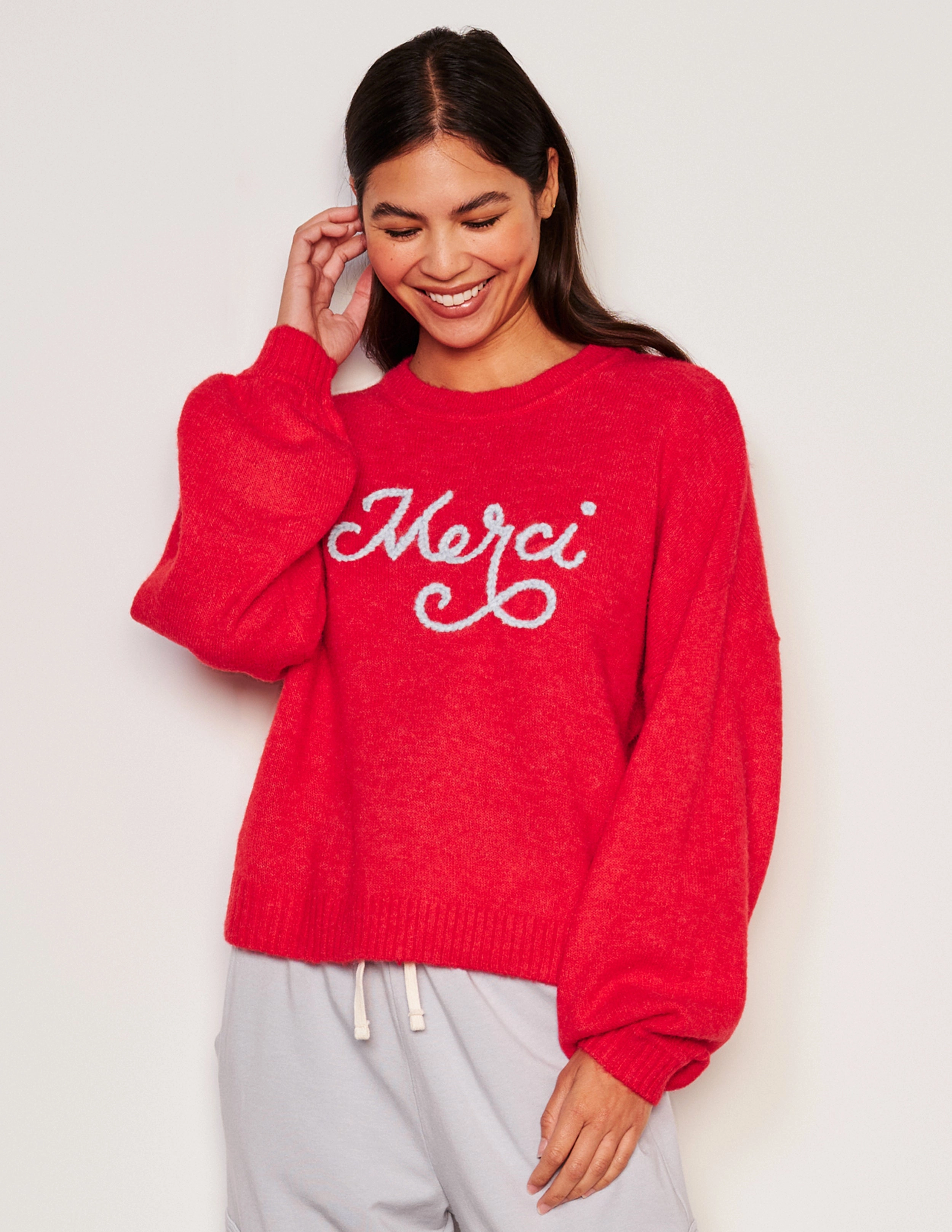 Sundry Merci Crew Neck Sweater & Snap Lounge Pant Set in Flare Red