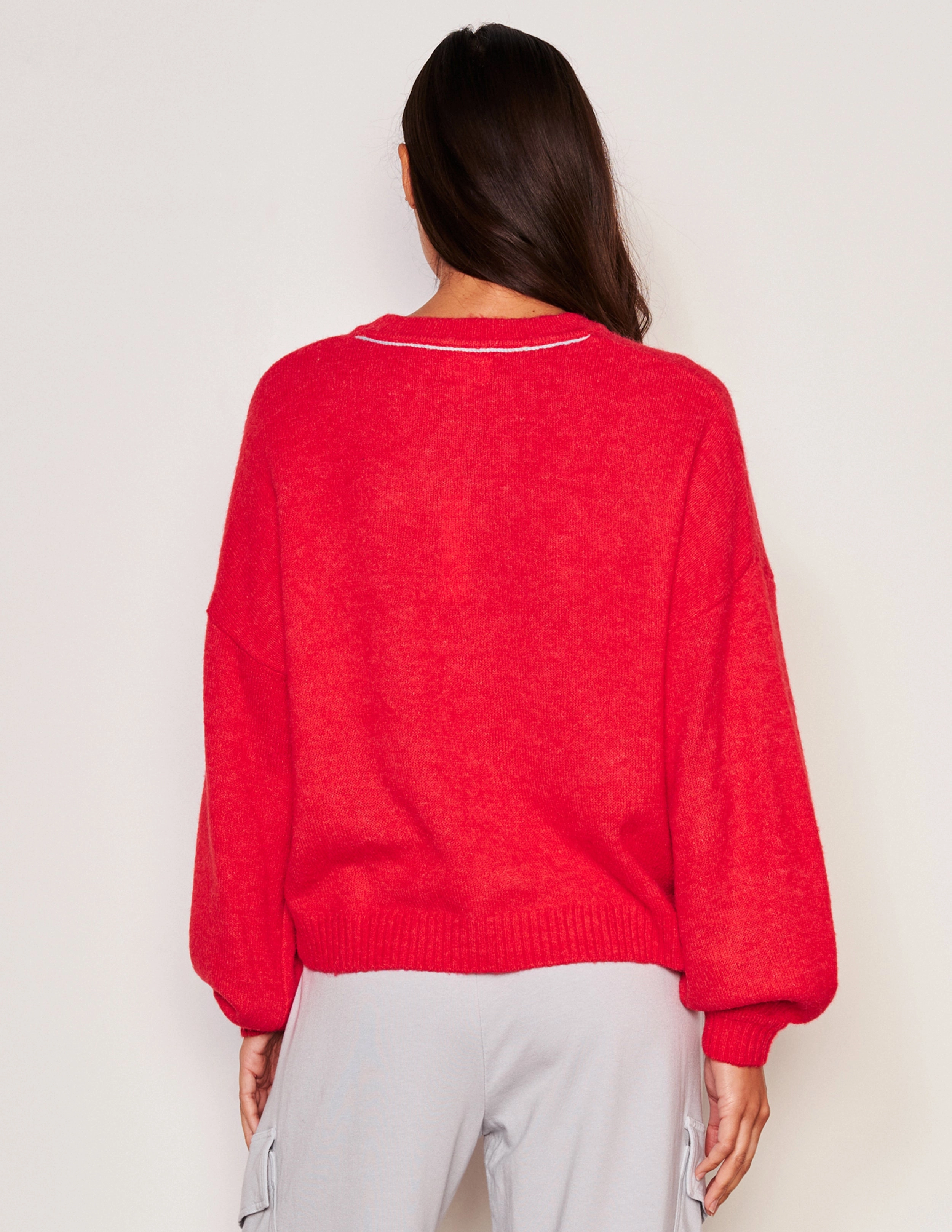 Sundry Merci Crew Neck Sweater & Snap Lounge Pant Set in Flare Red