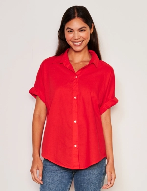 Sundry Roll Short Sleeve Shirt & Snap Lounge Pant Set in Flare Red