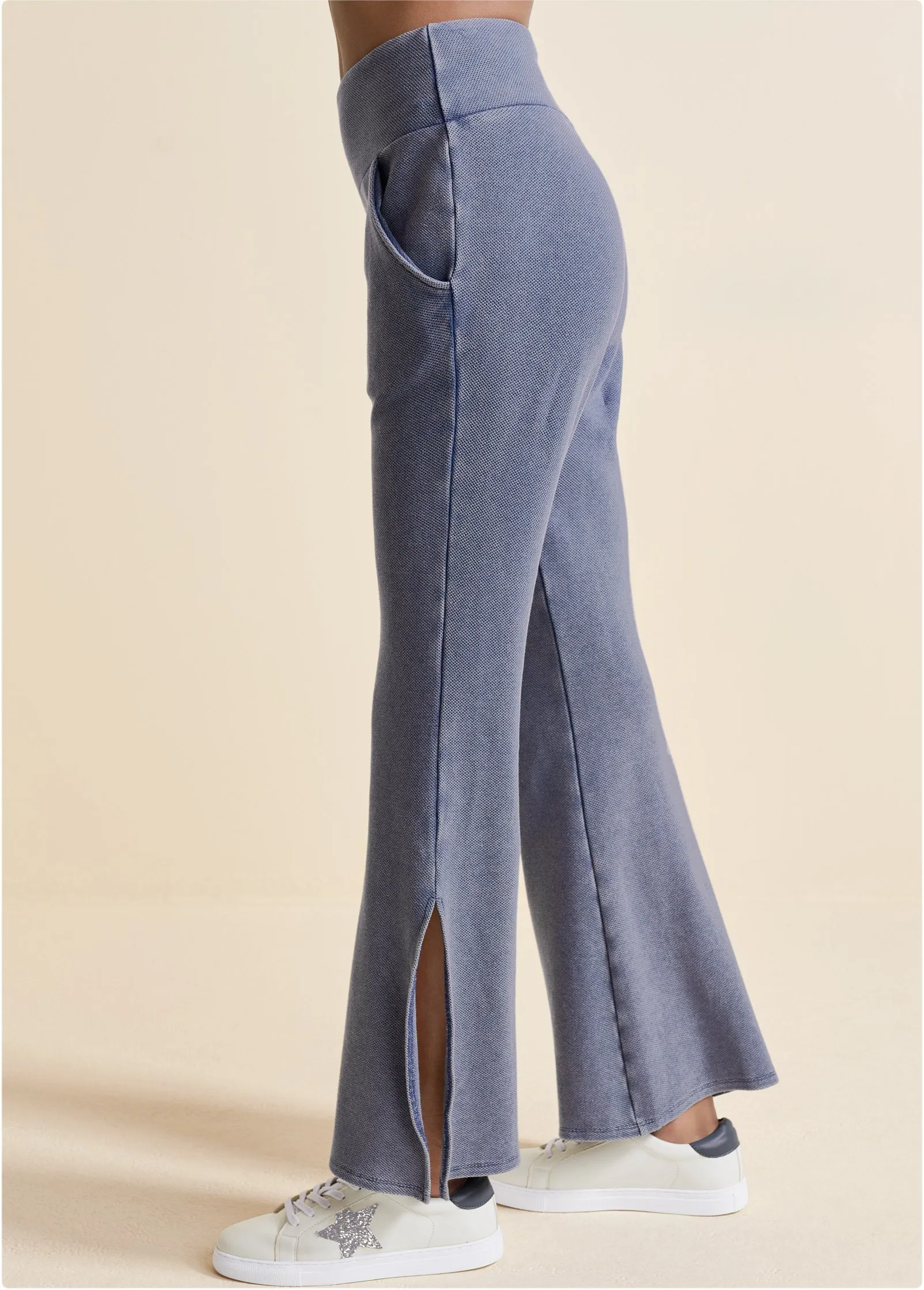 Washed Slit Flare Leg Pants - Dark Blue