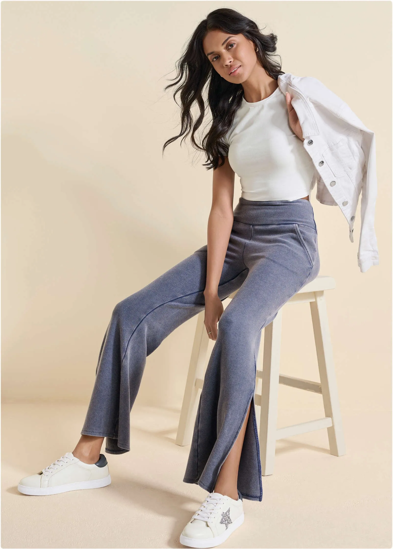 Washed Slit Flare Leg Pants - Dark Blue