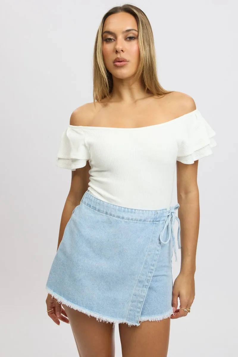White Bodysuit Ruffle Sleeve Textured