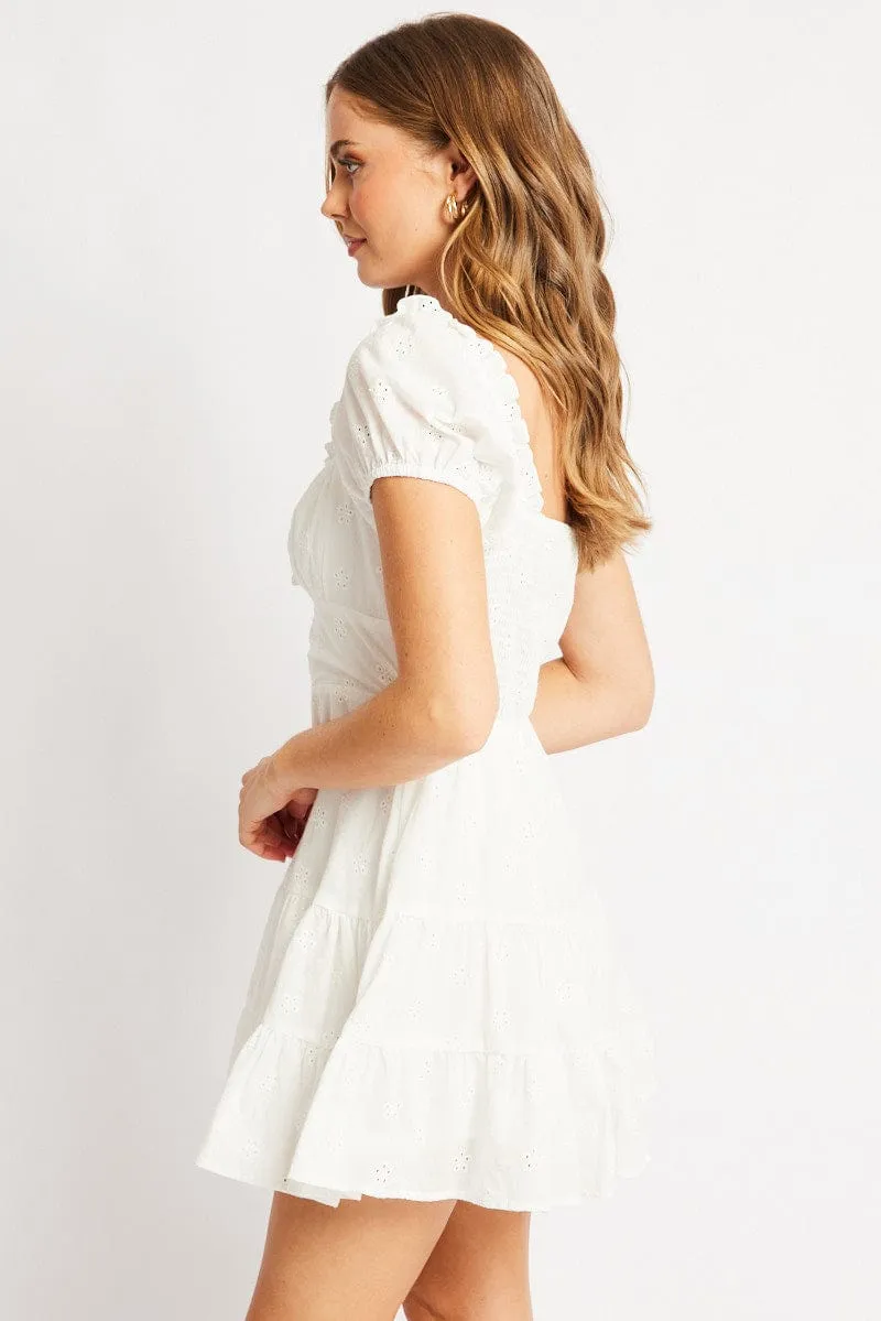 White Fit And Flare Dress Short Sleeve Eyelet Fabric